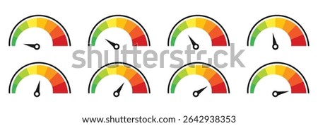 Speedometer gauge meter icons. Vector scale, level of performance. Infographic of risk, gauge, score progress icon. Vector illustration. EPS 10