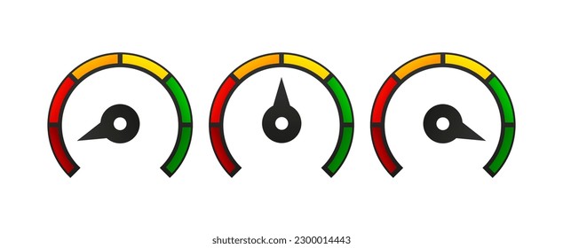 Speedometer, gauge meter signs. Scale, level of performance. Speed dial indicator. Low and high barometers. Infographic of risk, gauge, score progress. Fast speed concept. Vector illustration.