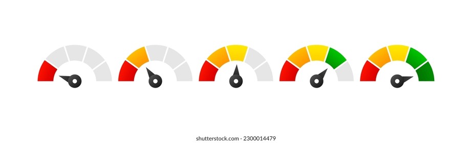 Speedometer, gauge meter signs. Scale, level of performance. Speed dial indicator. Low and high barometers. Infographic of risk, gauge, score progress. Fast speed concept. Vector illustration.