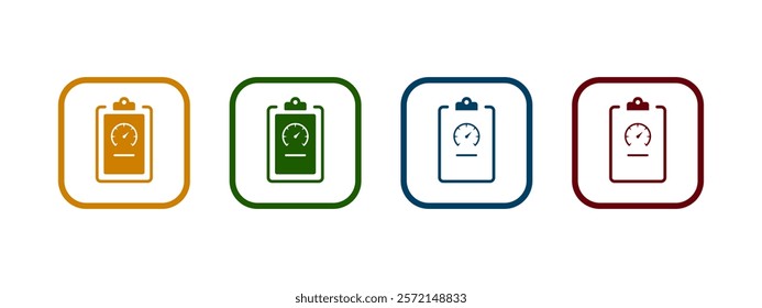 Speedometer or gauge on clipboard icon. Symbol of performance, report, optimization or productivity icon in different color design.