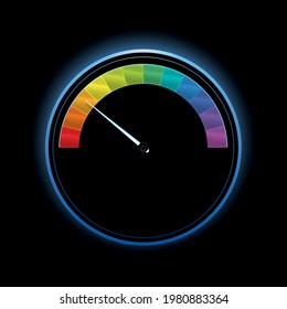 Speedometer, gauge with rainbow colored scale fields, colorful subdivisions as rating indicator, semicircle, graduation display instrument with white pointer. Vector illustration on black background.
