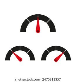 Speedometer gauge set. Red needle indicators. Measurement vector icons. Black and white.