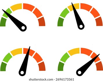 Conjunto de gauge velocímetro mostrando diferentes níveis, ilustração vetorial.