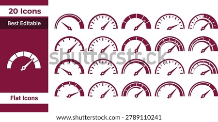 Speedometer Gauge Solid Flat Vector Icons Set — Dashboard, Meter, Dial, Speed, Performance, Indicator, Tachometer, Rating, Level, Progress, Measurement Symbol Collection