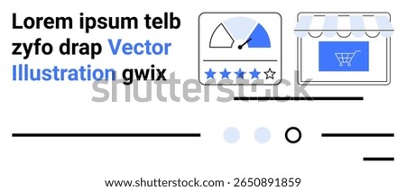 Speedometer gauge with star ratings, front store view with shopping bag icon, and placeholder text. Ideal for e-commerce websites, user feedback, customer reviews, online shopping, digital