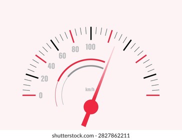Speedometer gauge vector illustration featuring a red needle pointing toward high speed on a dashboard dial with kilometer per hour scale, perfect for automotive performance concepts, racing graphics, redline danger zones, business growth metrics, KPI dashboards, technology presentations, flat infographic elements, and acceleration measurement templates for digital projects.