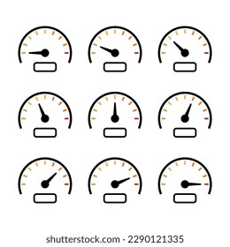 Speedometer gauge from zero to maximum speed steps icons set in flat line with color style