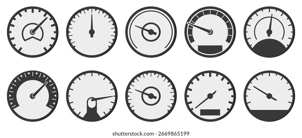 Geschwindigkeitsmesser-Sammlung. Minimalistische Armaturenbrett-Tachometer und Tachometer mit verschiedenen Nadelpositionen für Leistung und Messung