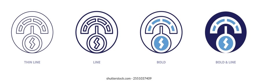 Speedometer gear icon in 4 different styles. Thin Line, Line, Bold, and Bold Line. Duotone style. Editable stroke.