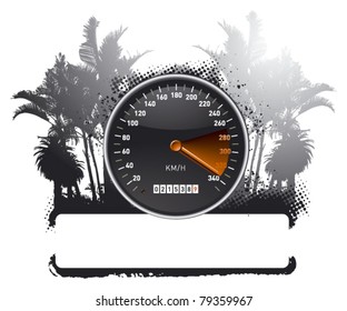 speedometer with grunge banner and summer background