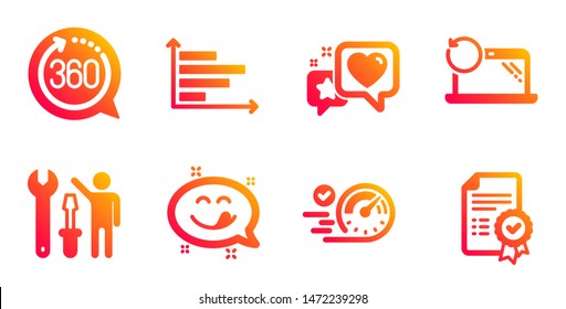 Speedometer, Horizontal chart and Recovery laptop line icons set. Heart, Repairman and Yummy smile signs. 360 degrees, Certificate symbols. Time concept, Presentation graph. Technology set. Vector