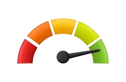 Speedometer icon. 3D meter with arrow for dashboard with green, yellow, red indicators. Gauge of tachometer. Low, medium, high and risk levels. Scale score of speed, performance and rating. Vector.
