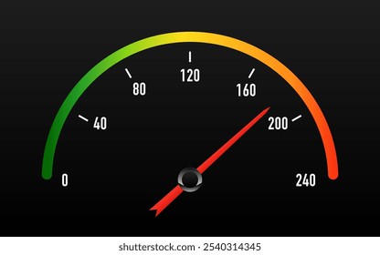 Speedometer icon. 3D meter with arrow for dashboard with green, yellow, red indicators. Car speedometer. Scale score of speed, performance and rating. Vector illustration