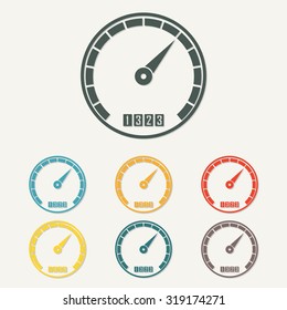 Speedometer icon with arrow. Infographic gauge element. Template for download design. Colorful vector illustration in flat style.
