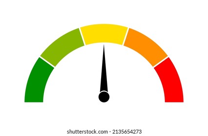 Speedometer Icon With Arrow. Meter For Dashboard With Green, Yellow, Red Indicators. Gauge Of Tachometer. Low, Medium, High And Risk Levels. Scale Score Of Speed, Performance And Rating. Vector.