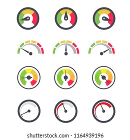 Speedometer icon, circular indicator of minimum and maximum gauge with various needle pointer