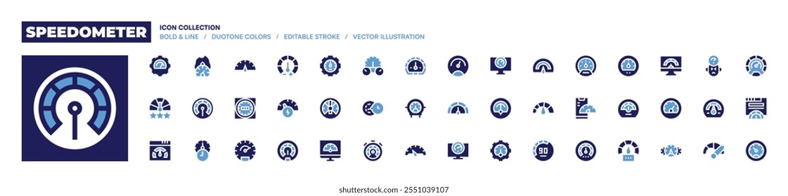 Colección del ícono del velocímetro. Estilo audaz. Duotone colores. velocímetro, rendimiento, bicicleta, termómetro, fuego, indicador, clasificación.