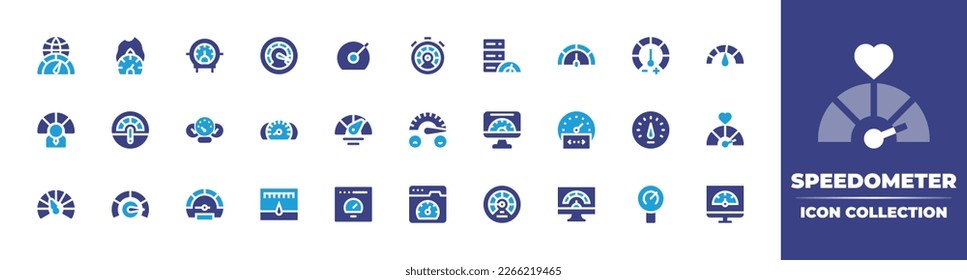 Speedometer icon collection. Duotone color. Vector illustration. Containing high speed, fire, bike, speedometer, performance, server, efficiency, car, tools and utensils, happy, estimate, coding.