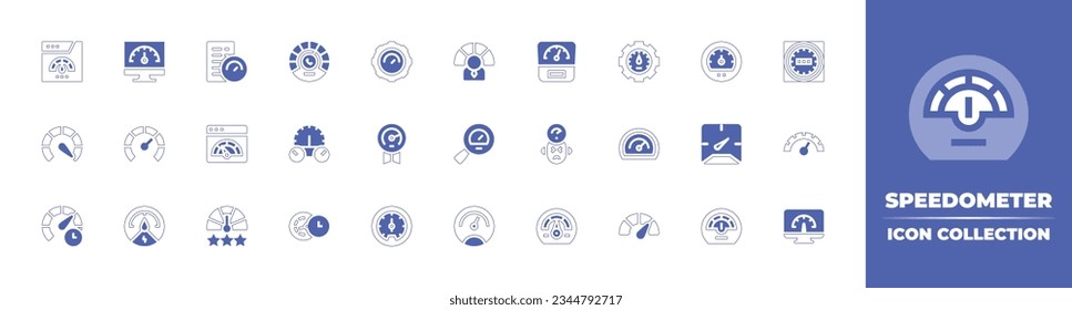Speedometer icon collection. Duotone style line stroke and bold. Vector illustration. Containing speedometer, fine, efficiency, bandwidth, productivity, rating, and more.