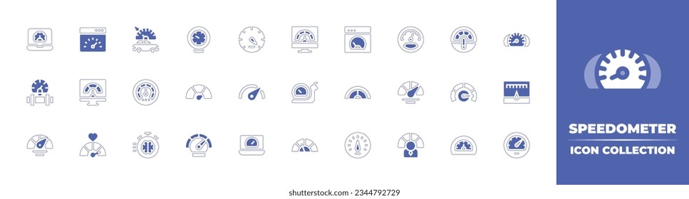 Speedometer icon collection. Duotone style line stroke and bold. Vector illustration. Containing speedometer, cruise, control, barometer, speed, performance, car, measure, slow, meter, and more.