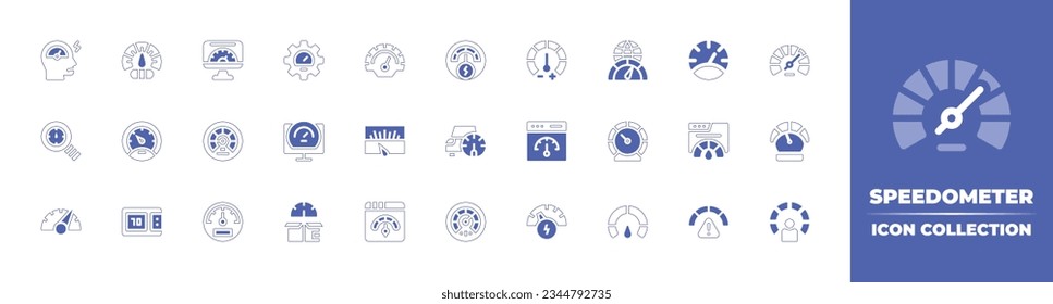 Speedometer icon collection. Duotone style line stroke and bold. Vector illustration. Containing speedometer, estimate, high, speed, dashboard, benchmarking, gauge, risk, performance, and more.