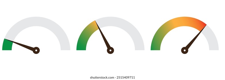 Ícone do velocímetro, vetor do ícone do medidor de combustível definido no fundo branco. Design do conjunto de ícones do medidor de riscos.  Risco baixo, médio ou alto no velocímetro. Conjunto de medidores de baixo para alto. Ilustração vetorial