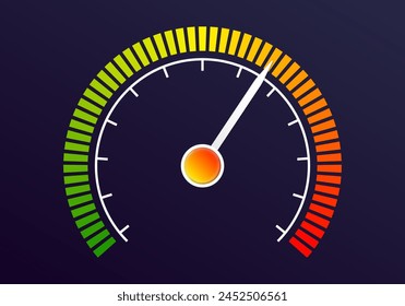 Speedometer icon. Gauge, speed meter, risk indicator with arrow and colorful scale. Infographic dashboard design element. Vector illustration.