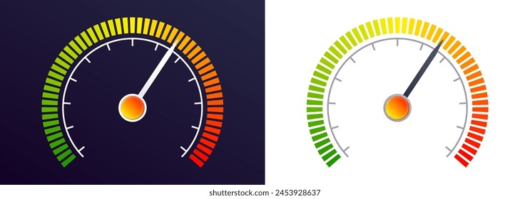 Speedometer icon. Gauge, speed meter, risk indicator with arrow and colorful scale. Infographic dashboard design element. Vector illustration.