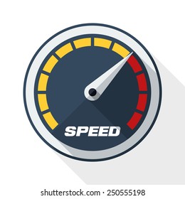 Speedometer icon with long shadow on white background