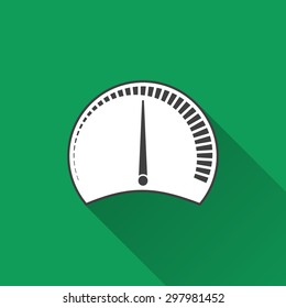 Speedometer  icon with a long shadow on a green background. Vector illustration.