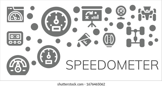 speedometer icon set. 11 filled speedometer icons. Included Speed, Tachometer, Speedometer, Measure, Pedal, Dashboard, Meter, Chassis, Race car icons