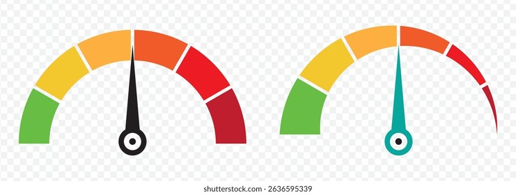 Speedometer icon set of 2. Set of gauges from low to high. Risk meter icon set. Risk concept on speedometer. Set of gauges from low to high. Vector illustration on Transparent Background. EPS 10.