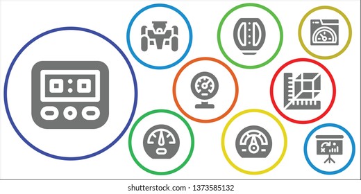 speedometer icon set. 9 filled speedometer icons.  Collection Of - Speedometer, Race car, Pedal, Dashboard, Meter, Measure, Speed