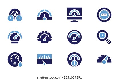 Ícone do velocímetro definido. Estilo negrito. Cores duotônicas. velocímetro, painel, velocidade, barômetro, benchmarking.