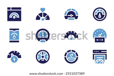 Speedometer icon set. Bold style. Duotone colors. speedometer, gauge, meter, gas, coding.