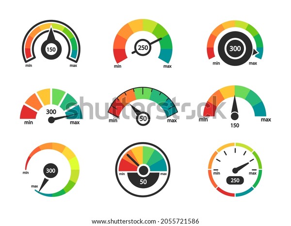 Speedometer icon\
set. Business credit score indicators. Customer satisfaction\
scores. Credit rating levels from poor to good. Colored scale from\
minimum to maximum. Vector\
illustration.