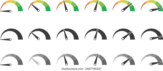 Conjunto de iconos de velocímetro. Colorido símbolo indicador de rendimiento. Iconos del medidor de riesgo colección
