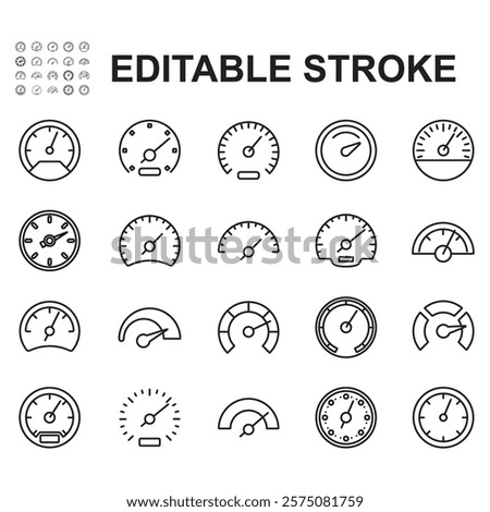 Speedometer icon set. Contains various speedo meter shape icons. Thin line vector.