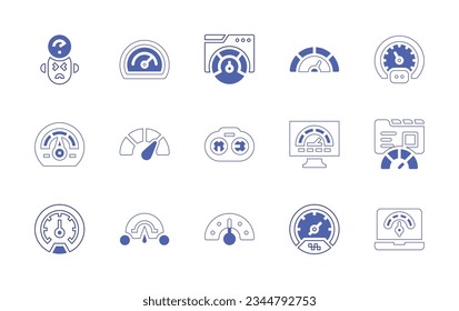 Juego de iconos del velocímetro. Curso de línea de estilo duotónico y negrita. Ilustración vectorial. Con productividad, velocímetro, velocidad, prueba, salpicadero, medidor.