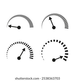 Geschwindigkeitsmesser-Symbolsatz. Vier Geschwindigkeitsmesser. Sammlung von Messsymbolen. Vektormeter.