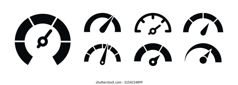 Geschwindigkeitsmesser-Icon-Set. Dashboard, Skala, Meter-Ebene. Geschwindigkeitsanzeigezeichen mit Pfeil. Vektorgrafik.