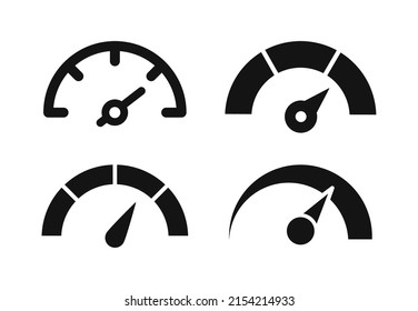 Speedometer icon set. Gauge, dashboard, scale, meter level. Speed indicator sign with arrow. Vector illustration.