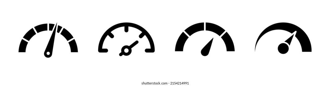 Speedometer icon set. Gauge, dashboard, scale, meter level. Speed indicator sign with arrow. Vector illustration.