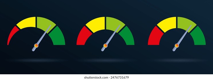 Speedometer icon set. Gauge, speed meter, risk indicator with arrow and colorful scale. Infographic dashboard design element. Vector illustration.