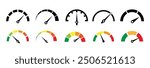 Speedometer icon set. Set of gauges from low to high. Risk meter icon set. Risk concept on speedometer. Set of gauges from low to high.  Vector illustration.