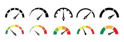 Speedometer icon set. Set of gauges from low to high. Risk meter icon set. Risk concept on speedometer. Set of gauges from low to high.  Vector illustration.
