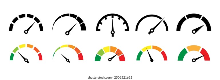 Geschwindigkeitsmesser-Symbolsatz. Satz von Messgeräten von niedrig bis hoch. Symbolsatz für Risikomesser. Risikokonzept auf Tachometer. Satz von Messgeräten von niedrig bis hoch.  Vektorgrafik.