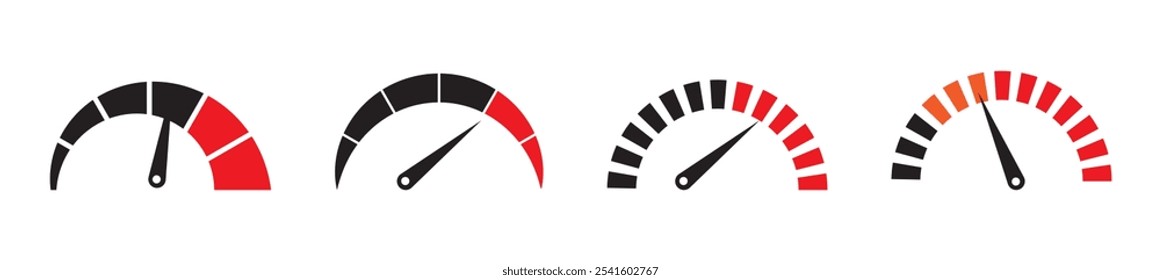Speedometer icon set. Set of gauges from low to high. Risk meter icon set. Risk concept on speedometer. Set of gauges from low to high. Vector illustration.