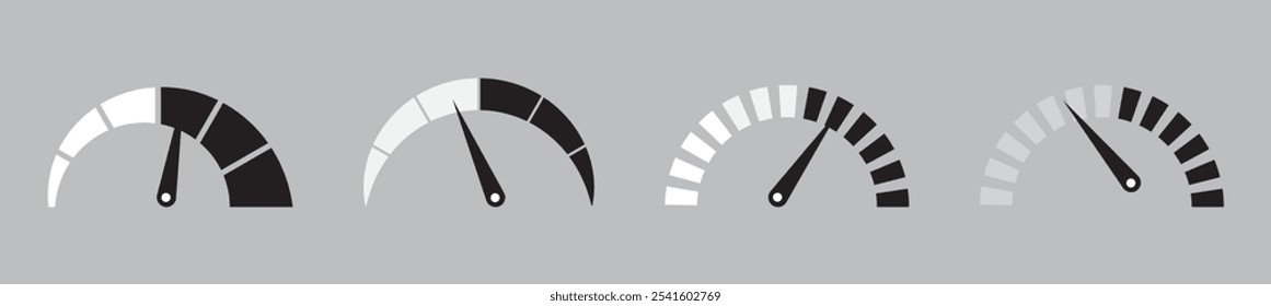 Speedometer icon set. Set of gauges from low to high. Risk meter icon set. Risk concept on speedometer. Set of gauges from low to high. Vector illustration.