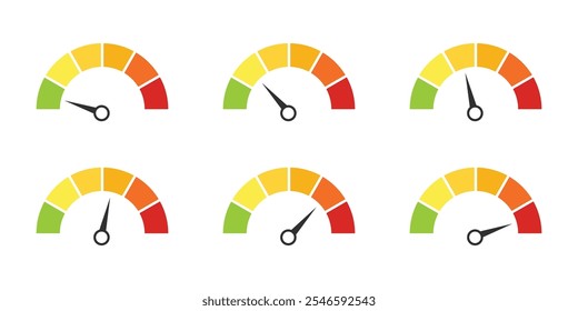Speedometer icon set. Set of gauges icon from low to high. performance level, risk meter, score  meter, progress score. Green and red barometer. Dashboard with arrows. Risk infographics, 